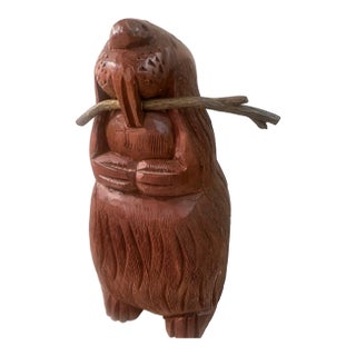 1970's Sarreid Ltd. Spanish Carved Wooden 8.5" H Beaver With Brass Twig For Sale