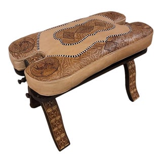 Moroccan Beige and Tan Camel Saddle Leather Cushion Stool For Sale