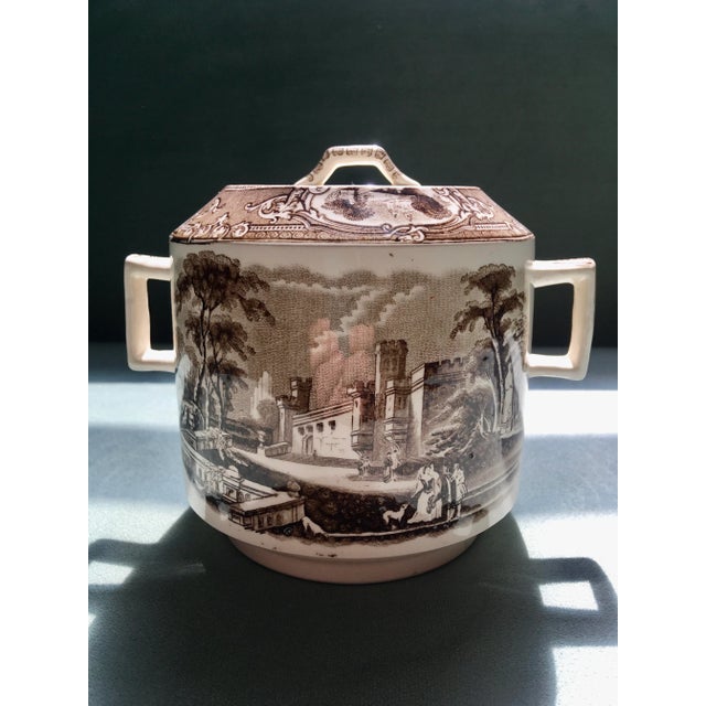 Early 20th Century Castle Scene Brown Transfer-Ware Sugar Canister For Sale In Jacksonville, FL - Image 6 of 13