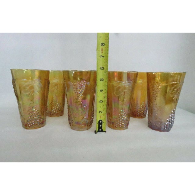 Folk Art Indiana Harvest Grape Style Amber Carnival Glass Set of 8 Tumbler Cups For Sale - Image 3 of 13