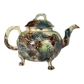 Mid 18th Century Whieldon-Type Creamware Tortoiseshell Teapot With Grape Vine Relief and Crabstock Handle, Staffordshire For Sale