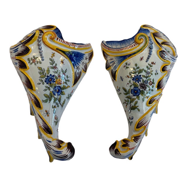 Pair of 1920s French Faience Wall Pockets For Sale