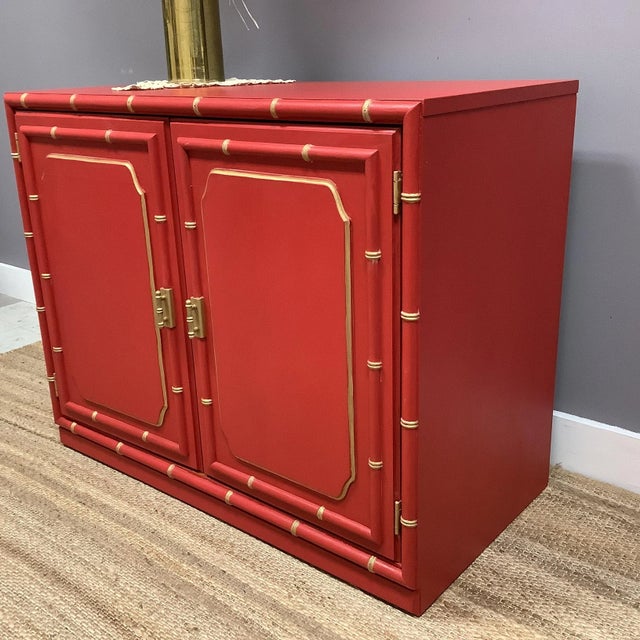 Red Chinoiserie Double Door Buffet Sideboard Petite Faux Bamboo Design W Drawer For Sale In Philadelphia - Image 6 of 12