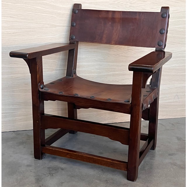 19th Century Spanish Pair of Colonial Carved Armchairs With Leather Seat & Back For Sale - Image 4 of 10