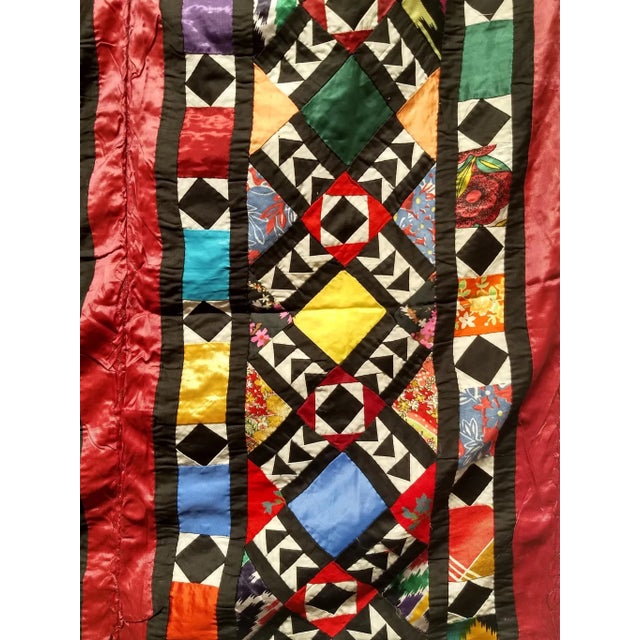 Vintage Uzbek Quilt, Hand-Stitched Silk, Geometric Pattern, Red & Turquoise, 39” X 73” For Sale - Image 12 of 12