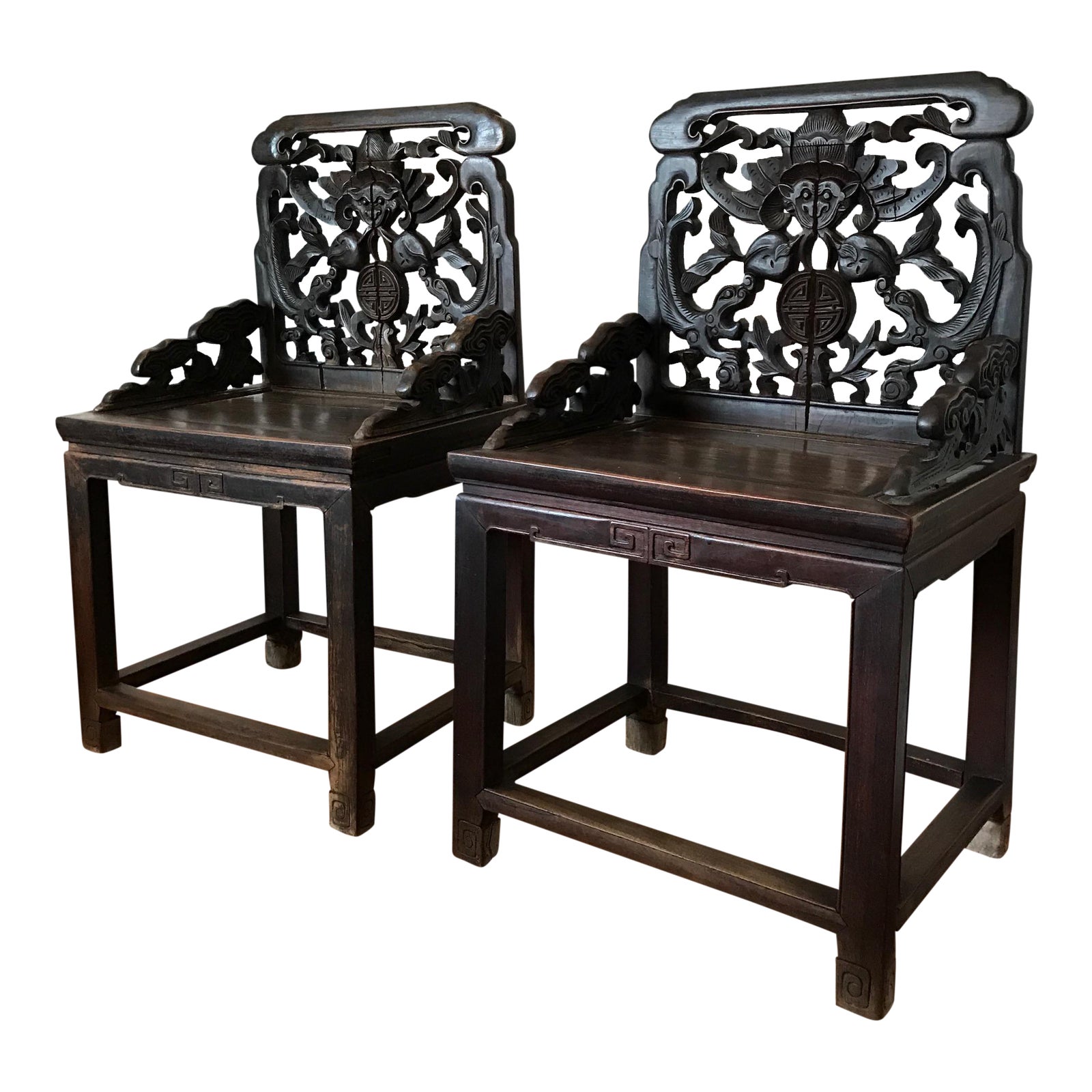 Chinese 18th Century Qing Aged Hand Carved Jumu Wood Chairs A Pair