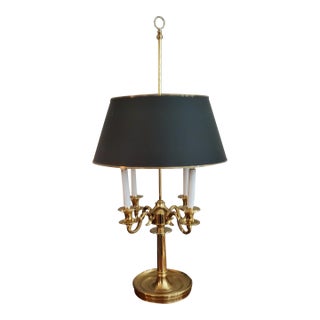 Neiman Marcus Baldwin Solid Forged Brass 4-Arm Bouillotte Table Lamp With Opaque Tole Shade For Sale