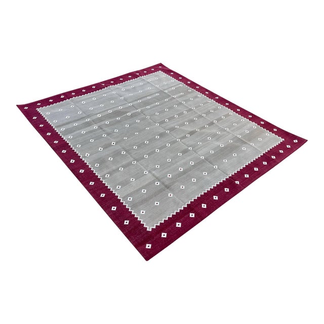 Handmade Cotton Vegetable Dyed Area Rug, Diamond Pattern Beige, Cream and Pink Dhurrie - 9'x12' For Sale