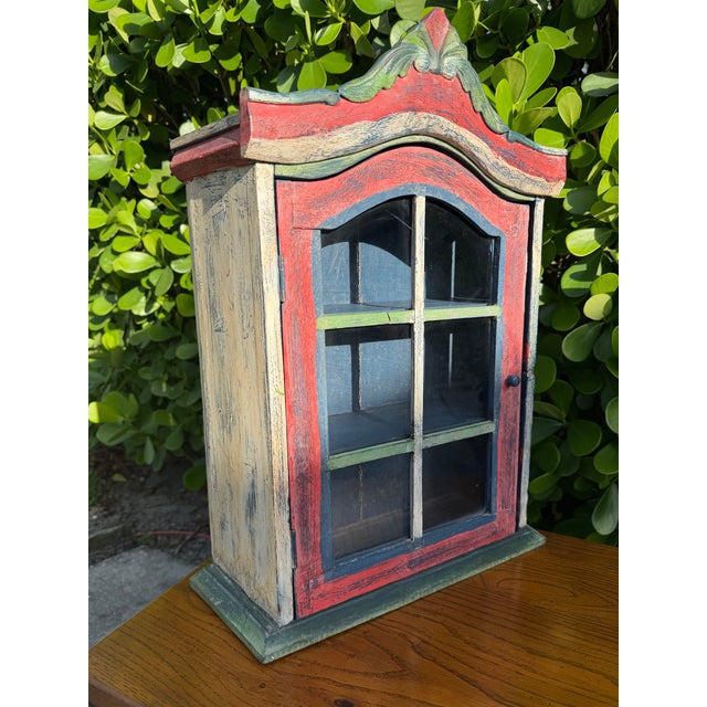 Vintage Handcrafted Folk Art Wall Cabinet With Distressed Polychrome Finish For Sale - Image 4 of 12
