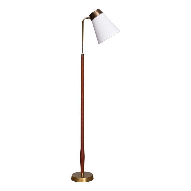 Teak and Brass Floor Lamp with Adjustable Shade from Asea Belysning, Sweden, 1950s For Sale
