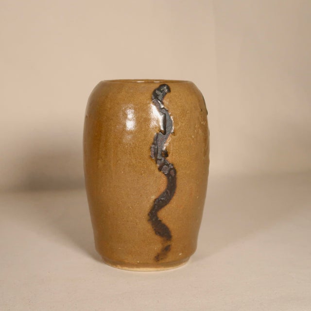Organic Wheel Thrown Wood-Fired Stoneware Vase With Snake-Like Raised Surface Lines For Sale - Image 4 of 15