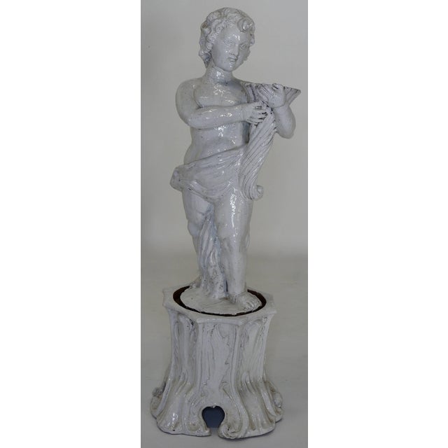 Late 19th Century Pair of 19th Century Italian Glazed Terracotta Cherubs on Tree Trunk Pedestals For Sale - Image 5 of 9