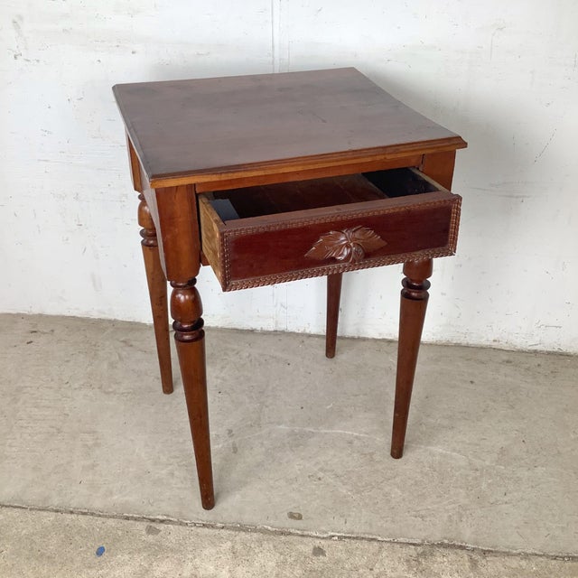 French Country 19th Century French Provincial Walnut Side Table With Hand-Carved Leaf Drawer For Sale - Image 3 of 12