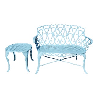 Vintage Cast Aluminum Ornate Bench With Matching Side Table For Sale
