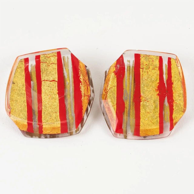 Anne and Frank Vigneri Red and Gold Foil Resin Clip Earrings For Sale - Image 4 of 8