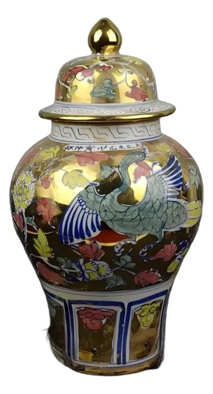 Chinese Vintage Ceramic Pot,Gold Ground Blue and White Famille Verte Porcelain Gingeer Jar Hand Painted Phoenix Pattern
