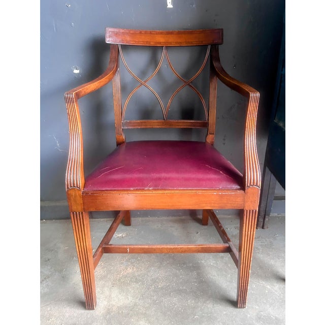 Regency Style Walnut and Leather Arm Chair . Beautiful woodwork. Great condition. Small rip in leather seat, but is...