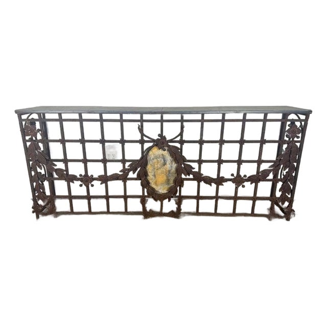 Monumental Hand-Wrought Iron Console With Stone Medallion and Classical Garlands For Sale