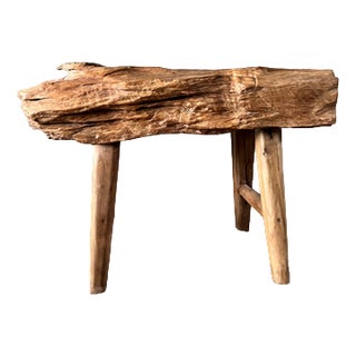 Small Organic Blond Asian Teak Quadripod Bench, Sembilan For Sale