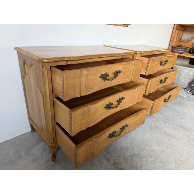 French Provincial Tall Vintage French Provincial Carved Cherry Wood Three-Drawer Chest – A Pair For Sale - Image 3 of 12