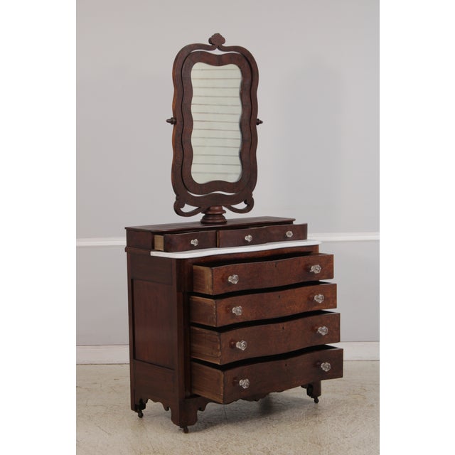 Antique Empire Burl Walnut Marble Top Dresser W. Mirror For Sale - Image 4 of 18