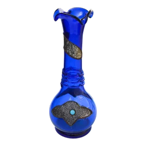 Vintage Large Blue Moroccan Hand-Engraved Glass Vase