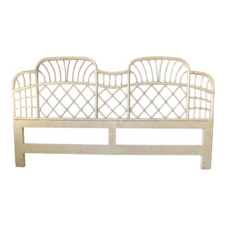 Vintage C1980s Leather Wrapped White Wash Rattan King Size Headboard For Sale