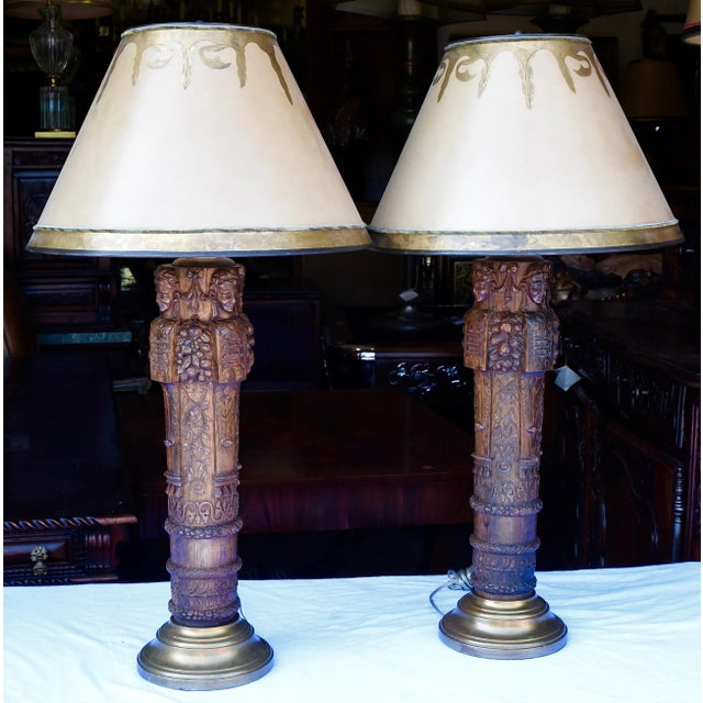 18th c. French Fragment Lamps, finely carved with fruit, satyr and garland motif, custom shades, 36" H , base 8" Diamter