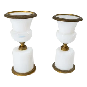 19th Century French Near Pair of White Opaline Glass Urn Vases