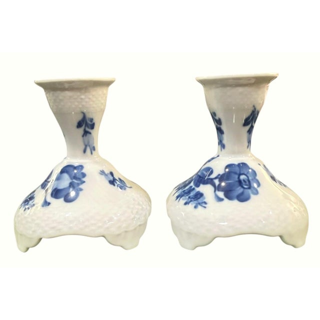 Beautiful vintage matched pair of Royal Copenhagen Blue Flower (Blå Blomst) porcelain candlesticks, model 10/1711, made in...