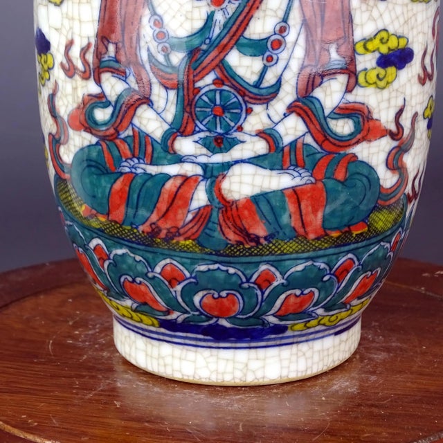 Early 20th Century Chinese Vintage Ceramic Vase,Qing Dynasty Kangxi Marked Blue and White Famille Verter Porcelain Mallet-Shaped Vase Hand Painted Buddha Pattern For Sale - Image 5 of 9