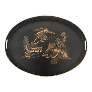 Vintage Hand-Painted Chinoiserie Style Black & Gold Oval Metal Tole Tray For Sale