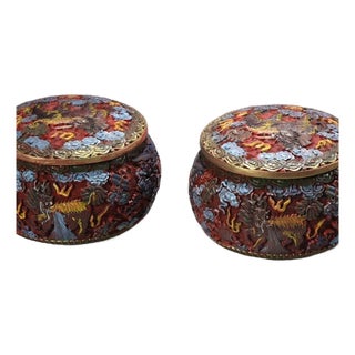 Pair of Vintage Carved Polychrome Lacquer Lidded Storage Jars For Sale
