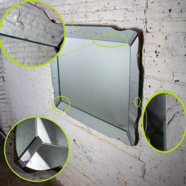 1930-1950’s Art Deco Large Wall Mirror Rectangular W/Curved Sides & Etched Venetian Glass For Sale - Image 17 of 18