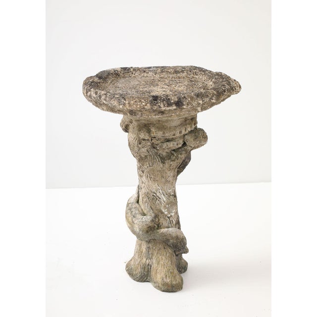 Composite Stone Faux Bois Birdbath With Squirrels Garden Ornament, English 20th C. For Sale - Image 10 of 13