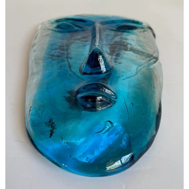 Late 20th Century Vintage Art Glass Blue Face Mask Paperweight For Sale - Image 5 of 10