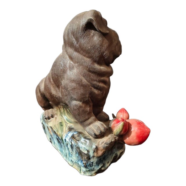 Vintage Shiwan Ware Shar-Pei Dog Sculpture | Handmade Ceramic Figure With Peaches | 12" Tall For Sale