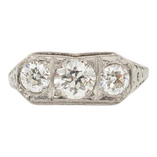 Ladies Antique Art Deco Platinum Filigree Three Stone Diamond Engagement Ring Size 6.25 For Sale