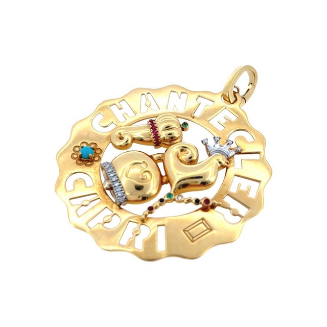 Chantecler Capri 18K Large Logo rooster, campanella, horn charm with diamonds, rubies, blue sapphires, emeralds and...