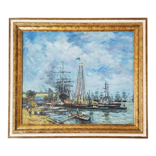 David Kessler Harbor Scene Seascape Oil on Canvas Painting For Sale