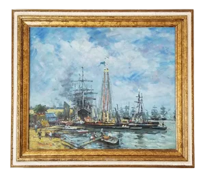 David Kessler Harbor Scene Seascape Oil on Canvas Painting
