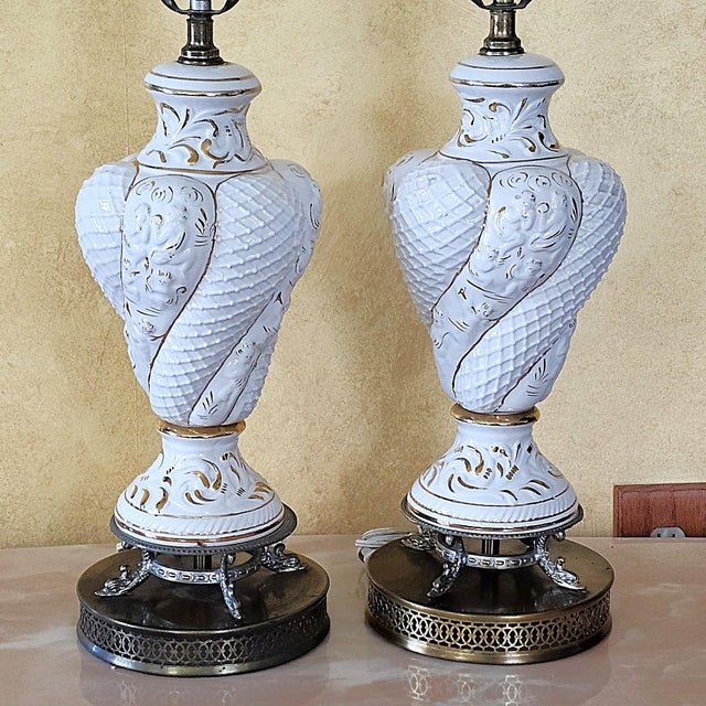 Pair of Vintage Italian Capodimonte Table Lamps – White & Gold 30" Ornate Ceramic Lighting For Sale - Image 15 of 18