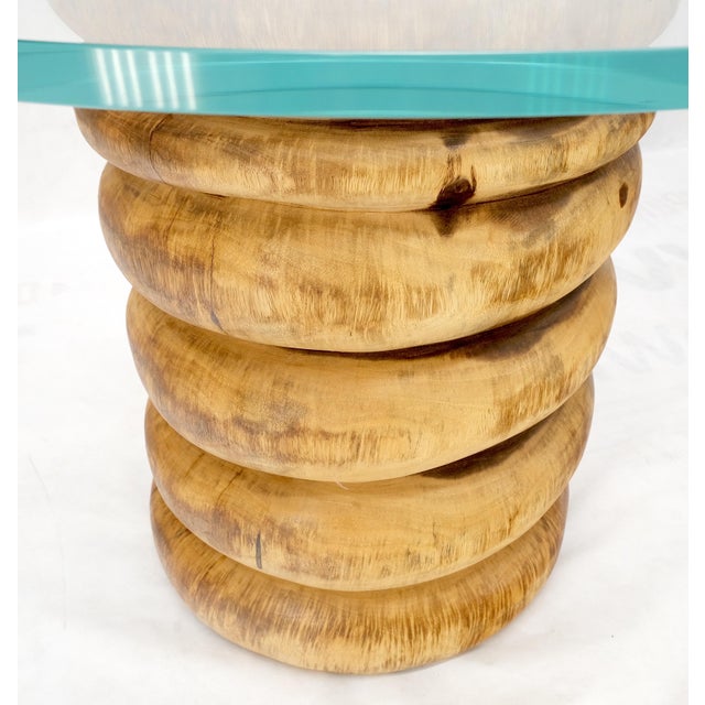 Pair Solid Carved Wood Cylinder Shape Bases Glass Top End Side Tables Stands For Sale - Image 14 of 18