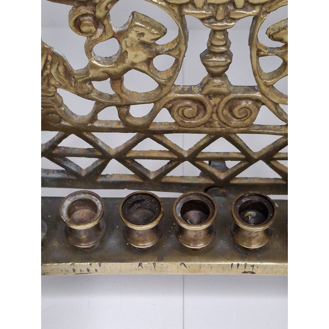 Metal Antique 19th C. Polish Brass Bench Menorah Hanukkah Lamp Lions Birds Openwork For Sale - Image 7 of 18