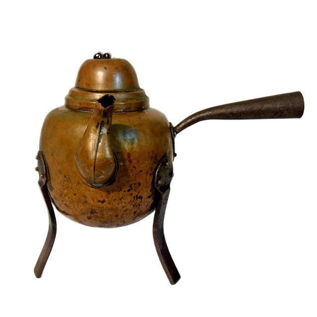 Mid-Century Modern Antique Hand Hammered Dovetail Copper & Wrought Iron Swedish Tea Kettle Coffee Pot For Sale - Image 3 of 7