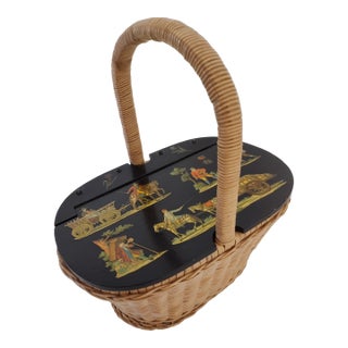 Decoupage Wicker and Wood Handbag 1973 for Purse, Sewing Basket 11" Wide For Sale
