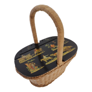 Decoupage Wicker and Wood Handbag 1973 for Purse, Sewing Basket 11" Wide
