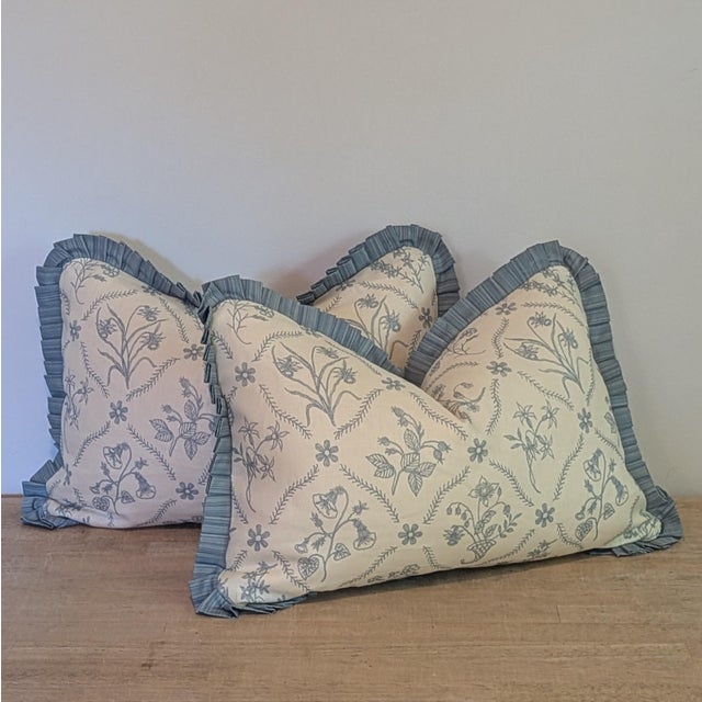 Transitional Soane Britain Lucknawi Flower Lumbar Pillows With Blue Pleated Ruffle - Pair For Sale - Image 3 of 12
