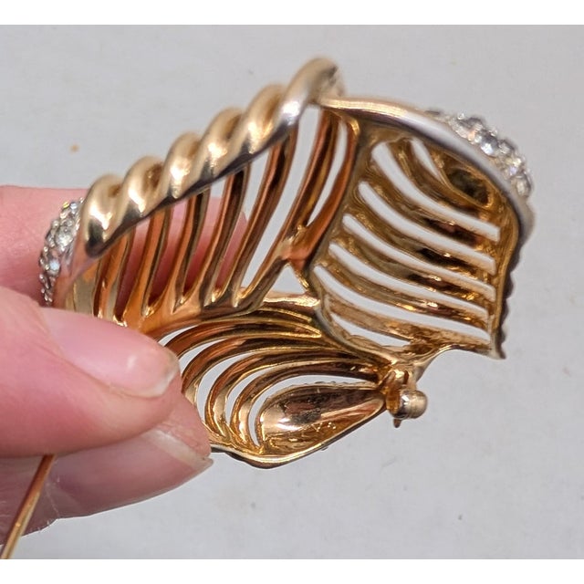 Metal Vintage C1950 Signed Boucher Goldtone Openwork Pavé Clear Rhinestones Brooch For Sale - Image 7 of 9