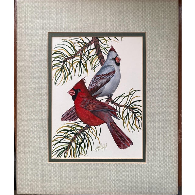 Traditional Mid-Century Original Watercolor Cardinal Pair on Pine – Signed Shawn Donavan – Framed Bird Painting For Sale - Image 3 of 10